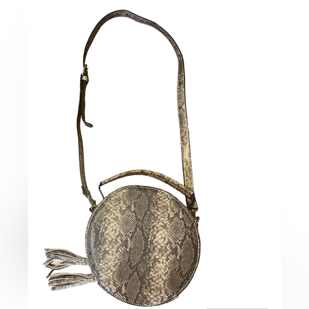Snakeskin Circular Crossbody Drum Bag Removable Strap Animal Print